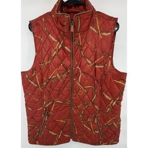 Talbot's Women’s Quilted Puffer Vest Red Equestrian Print | Full Zip | Pockets